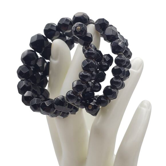 Black Glass Jet Beaded Wire Wrap Bracelet Faceted Coil Gothic Victorian Mourning - Picture 4 of 5